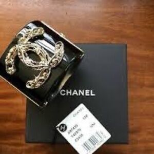 Chanel Acrylic Bronzed Gold & Crystal Double Strass Cuff Bracelet 17P Rare